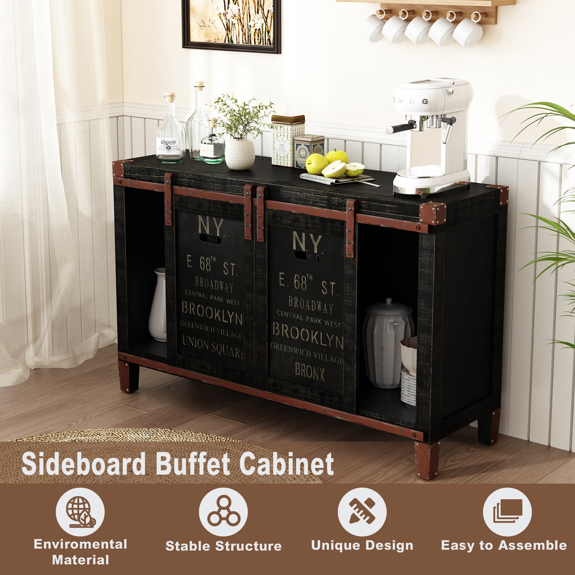 Farmhouse TV Stand for 55 inch TV, 30” Tall Industrial Media Entertainment Center with Sliding Barn Doors, Rustic Television Console Table with Cabinet, Black TV Stands for Living Room